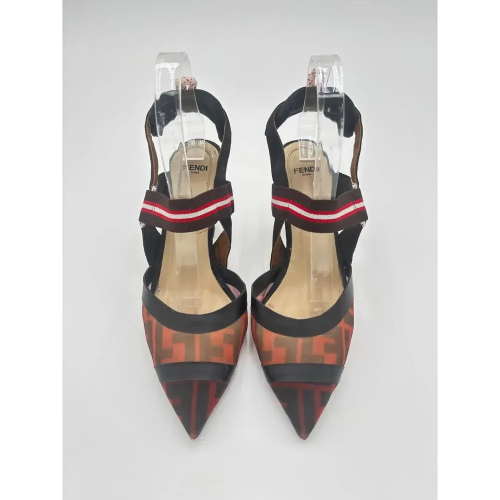 Fendi Colibri FF Monogram Mesh Slingback Kitten Heels Zucca Brown Pumps Size 39